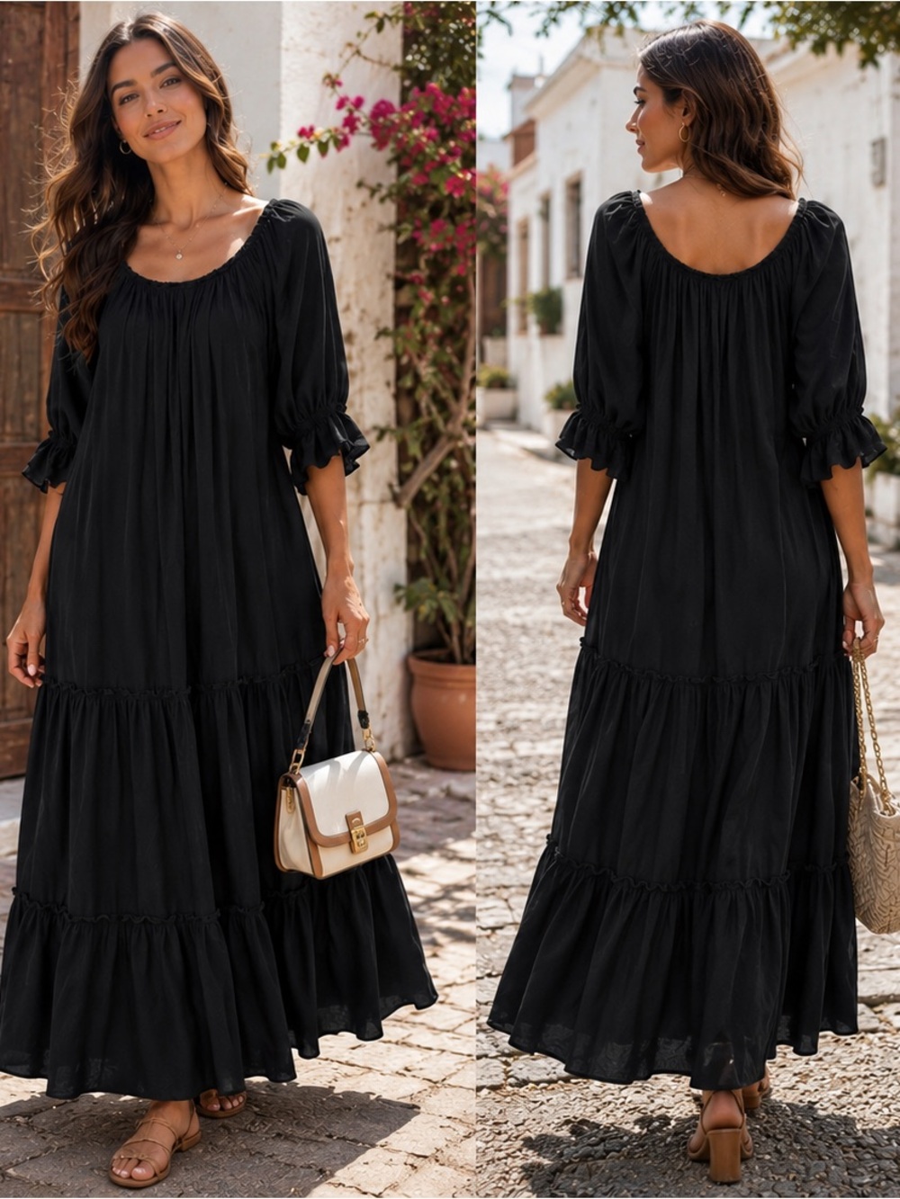 Black Boho Tiered Maxi Summer Dress